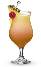 The 9 Peaches cocktail recipe is a peach colored summer drink made from Cruzan 9 spiced rum, peach schnapps, pineapple juice and cranberry juice, and served over ice in a hurricane glass.