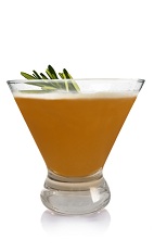 The Winter Scene is an orange cocktail made from Patron tequila, lime juice, egg white, maple syrup, rosemary and orange bitters, and served in a chilled rocks glass.