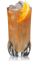 The Anejo Highball is an orange drink made from Bacardi 8 year old rum, orange curacao, lime juice, bitters and ginger beer, and served over ice in a highball glass.