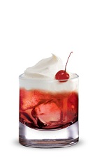The Banana Split is a red drink made from Pucker cherry schnapps and banana liqueur, and served over ice in a rocks glass.