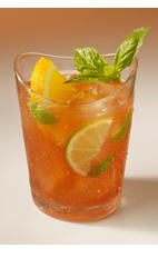 The Beach Bum is a traditional beach-themed drink recipe. A red colored drink made from rum, Clamato tomato cocktail, lime, orange, basil and club soda, and served over ice in a highball glass.