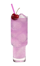The Berry Creamsicle is a purple drink made from Hpnotiq Harmonie, whipped cream vodka and club soda, and served over ice in a highball glass.