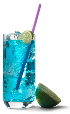 The Blue Bombsicle drink recipe is a blue colored cocktail made from UV Blue raspberry flavored vodka and lemonade, and served over ice in a highball glass.