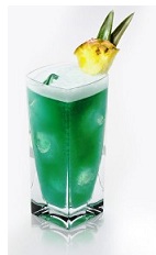 The Blue Italian Heaven is a tropical green drink made from Disaronno, dark rum, blue curacao, pineapple juice and lime, and served over ice in a highball glass.