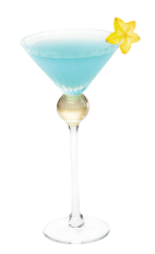 The Blue Star is a blue cocktail made from Hpnotiq liqueur and gin, and served in a chilled cocktail glass.