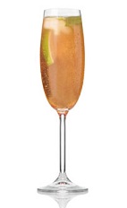 The Bonne Brise is an orange cocktail made from Patron tequila, grenadine, watermelon Pucker, ginger ale, lime juice and champagne, and served in a chilled champagne flute.