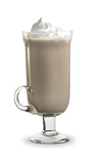 The Buttershots Slide is a brown drink made from butterscotch schnapps, coffee liqueur, Irish cream and coffee, and served with whipped cream in a coffee glass.