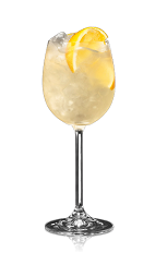 The Century Club Punch is made from Bacardi golden rum, Bacardi Superior rum, lemon juice, sugar and water, and served over ice in a wine glass.