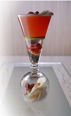 The Colour is a layered cocktail made from vodka, Joseph Cartron blackberry liqueur, raspberry puree, lemonade, raspberries and lime, and served in a chilled cocktail glass.