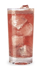 The Cranberry Cactus is a red drink made from DeKuyper Cactus Juice, cranberry juice and club soda, and served over ice in a highball glass.