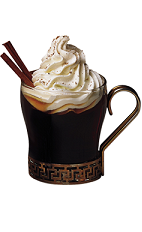 The Dark Star drink recipe is a black colored cocktail named for the 1953 Kentucky Derby winner. Made from Kamora coffee liqueur, butterscotch schnapps, Jim Beam black bourbon, coffee, whipped cream and cinnamon, and served in a warm coffee glass.