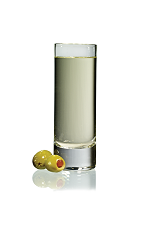 The Dirty Gold Shot is made from Stoli Gold vodka and olive juice, and served in a chilled shot glass.