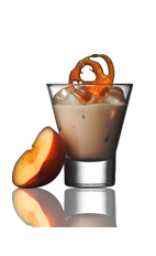 The Golden Glow is a brown colored drink made from Amarula cream liqueur, peppermint schnapps, peach schnapps and vanilla ice cream, and served in a rocks glass.