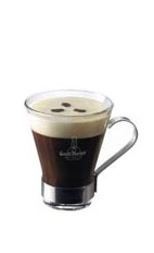 The Grand French Coffee is a black drink made from warm Grand Marnier, hot coffee and whipped cream, and served in a warm coffee glass.