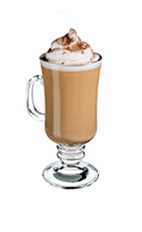The Hot Coco Bay is a brown colored drink made from Bailey's Irish cream, Captain Morgan spiced rum and hot chocolate, and served in a warm Irish coffee glass.
