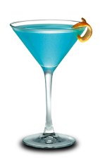 The Hpno-tini is a blue colored cocktail made from Hpnotiq liqueur, vodka and lemon juice, and served in a chilled cocktail glass.