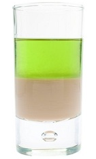 The Hulk Shot is a layered green shot made from Bailey's Irish cream and Green Chartreuse, and served in a chilled shot glass.