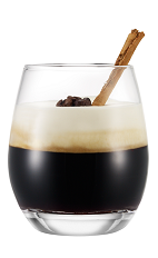 The Italian Coffee drink is made from Galliano Vanilla liqueur, hot coffee and whipped cream, and served in a coffee mug garnished with chocolate shavings.