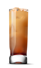 The Just Peachy cocktail recipe is made from UV Peach vodka and sweetened iced tea, and served over ice in a highball glass.