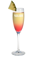 The Lychee Gourmet is a fancy orange colored cocktail recipe made from Volare Lychee liqueur, vodka, pineapple juice, chilled champagne and grenadine, and served in a chilled champagne flute garnished with a pineapple slice.