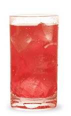 The Melon Citrus Cooler is a red drink made from Pucker watermelon schnapps, vodka, orange juice and cranberry juice, and served over ice in a highball glass.