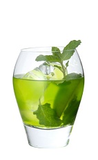 The Midori Mojito drink is made from Midori melon liqueur, white rum, mint leaves, lime and club soda, and served over ice in a rocks glass.