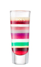 The Mirrobar Pousse Cafe is the ultimate layered shot. A pink/red/green/clear shot made from 12 different layers including: gin, triple sec, pomegranate liqueur, creme de cassis and many more.