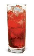 The Pacific Rim is a red drink made from Pucker watermelon schnapps, cranberry schnapps, peach schnapps, sour mix, orange juice and club soda, and served over ice in a highball glass.