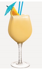 The Passion Cup cocktail recipe is a sexy peach colored Valentine's Day drink made from Burnett's gin, orange juice, passion fruit juice and pina colada mix, and served blended in a chilled wine glass.
