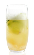 The Patron Jade is a yellow drink made from Patron tequila, simple syrup, green grapes, cucumber, bitters and tonic water, and served over ice in a highball glass.