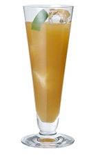 The Peach Fuzz drink is made from Midori melon liqueur, dark rum and grapefruit juice, and served over ice in a highball glass.