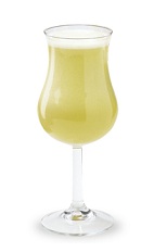 The Peachy Keen is a yellow drink made from peach schnapps, rum and orange juice, and served in a chilled wine glass.