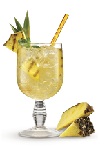 The Pineapple Smash is a tasty tropical drink made from spiced rum, light rum, lime juice, pineapple and club soda, and served over ice in any glass.