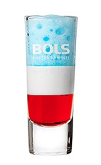 The Pousse Cafe is a patriotic red, white and blue shot, made from strawberry liqueur, yoghurt liqueur and Bols blue foam liqueur, and served in a chilled shot glass.
