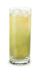 The Pucker Up on the Beach is a yellow drink made from Pucker Berry Fusion schnapps, orange vodka, orange juice and lemon-lime soda, and served over ice in a highball glass.