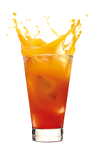 The Red Hot Explosion drink is made from Malibu Red, orange juice and grenadine, and served over ice in a highball glass.