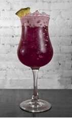The Salvador Sling is a purple colored drink recipe made from Cedilla acai liqueur, Leblon cachaca, ginger liqueur, lime juice, pineapple juice and bitters, and served over ice in a large glass.