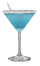 The Snowflake Martini is a blue cocktail made from Hpnotiq liqueur, St-Germain elderflower liqueur, lemon juice and champagne, and served in a coconut-rimmed cocktail glass.