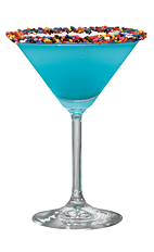 The Sprinkletini is a blue cocktail perfect for a birthday party. Made from Hpnotiq liqueur, Iced Cake vodka and champagne, and served in a chilled cocktail glass rimmed with sprinkles.
