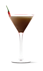The Sriracha Chocolate Chili Martini cocktail recipe is a brown colored drink made from UV Sriracha vodka and Trader Vic's chocolate liqueur, and served in a chilled cocktail glass.