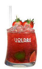 The Strawberry Caipiroska is a red colored variation of the classic Brazilian Caipiroska cocktail. Made from Volare Strawberry liqueur, vodka, strawberries, lime and brown sugar, and served over crushed ice in a rocks glass.