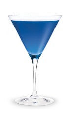 The Sweet Talker-tini is a vibrant blue colored cocktail made from Pucker Berry Fusion Schnapps, Chambord raspberry vodka, blue curacao and lime, and served in a chilled cocktail glass.