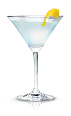 The Berried Treasure is a blue colored cocktail made from New Amsterdam red berry vodka, lemonade and white creme de cacao, and served in a chilled cocktail glass.