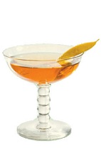 The Little Sparrow is an orange colored cocktail made from calvados, sweet vermouth, St-Germain elderflower liqueur and bitters, and served in a chilled cocktail glass.