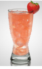 The Seersucker is a pink colored drink recipe made from Flor de Cana rum, cinnamon syrup, lemon juice, strawberry and club soda, and served over ice in a beer glass.