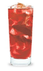 The Tropical Hooter is a red drink made from coconut schnapps, watermelon schnapps, cranberry schnapps and club soda, and served over ice in a highball glass.