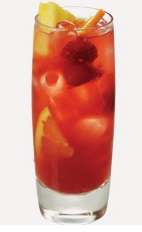 The Tropical Punch cocktail recipe is a refreshing blend of fruity flavors. A red colored drink made from Burnett's fruit punch vodka, triple sec, pineapple juice and fresh fruit, and served over ice in a highball glass.