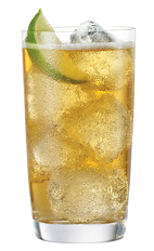 The Tuaca Ginger Lime is an orange drink made from Tuaca vanilla citrus liqueur, ginger ale and lime, and served over ice in a highball glass.
