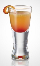 The Twisted Hurricane shot recipe is an orange colored drink made from Seagram's Peach Twisted gin, Red Berry Twisted gin, orange juice, grenadine and lemon-lime soda, and served in a chilled shot glass.