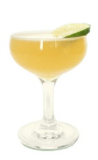 The VPD Daiquiri is an orange colored drink made from dark rum, St-Germain elderflower liqueur and freshly squeezed lime juice, and served in a chilled cocktail glass.